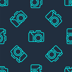 Poster - Green line Photo camera icon isolated seamless pattern on blue background. Foto camera. Digital photography. Vector