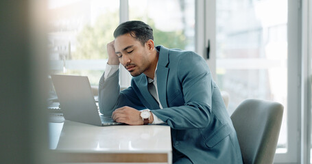 Wall Mural - Tired, sleeping and business man on computer with deadline, report and bad time management at office desk. Exhausted worker, employee or lawyer reading on his laptop with burnout, fatigue and stress