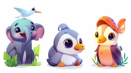 Wall Mural - Elephant, gull, dolphin, animal cartoon for kids. Pet, farm, and jungle animals modern illustration collection.