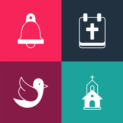 Wall Mural - Set pop art Church building, Dove, Calendar with Easter and bell icon. Vector