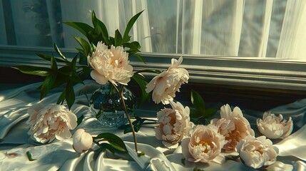 Poster -   A white bed with pink flowers in a vase, adorned with a satin-covered bedspread