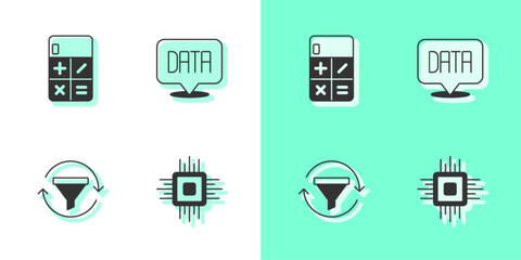 Sticker - Set Processor CPU, Calculator, Sales funnel with chart and Data analysis icon. Vector