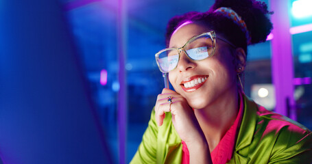 Fototapete - Woman, night and smile in office with neon, tablet and glasses for reading, information technology or coding. Person, girl and developer with click for programming, excited and creative for software