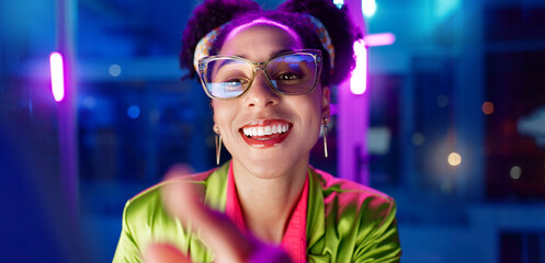 Fototapete - Woman, night and smile in office with neon, tablet and glasses for reading, information technology or coding. Person, girl and developer with click for programming, excited and creative for software