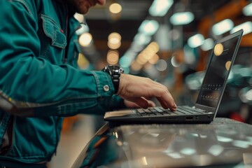 Sticker - Mechanic using a laptop for car diagnostics, Close-up of person in teal jacket using laptop on car in workshop, blurred machinery background, conveys modern diagnostics, repair.