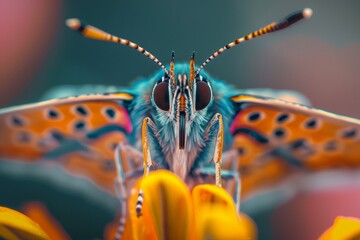 Sticker - an orange butterfly sitting on top of a yellow flower with red and blue markings