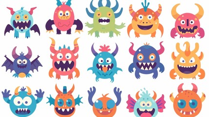 Poster - Icons set of monsters. Happy Halloween. Cute cartoon kawaii baby character. Funny head face colorful silhouette. Eyes horn teeth fang tongue. Hands up, down. Flat design. White background.