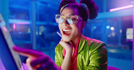 Poster - Business, neon and woman with computer, typing and night with internet and connection. Person, employee and entrepreneur with a project and planning with website information or modern office with app