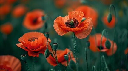 Canvas Print - Beautiful close-up of vibrant red poppies in a green field. Perfect for nature lovers and floral-themed designs. Calm and serene ambiance in modern style. AI