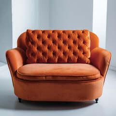 Wall Mural - A vibrant orange settee complemented by a tufted cushion, showcased against a simple white backdrop.
