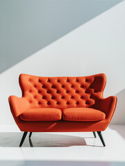 Wall Mural - A modern orange sofa featuring a tufted cushion, set against a pure white backdrop.
