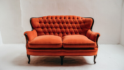 Wall Mural - A cozy orange loveseat with a tufted cushion, set against a pristine white background.
