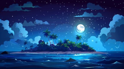 Wall Mural - Modern cartoon background of seascape with tropical island with palm trees, sand beach, ocean waves and coastline on horizon. Modern cartoon background showing seascape with moon, stars and clouds at