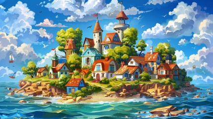 The old town lies on an island in the ocean. There is a sea port. There is a traveler's postcard. There is a painting for the children's room with an old town landscape.