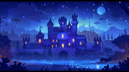 Poster - Medieval fortress with royal palace at night, modern kingdom capital. Modern kingdom capital scene.