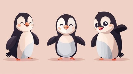 Wall Mural - An aquatic flightless bird mascot modern set of cute cartoon penguins.