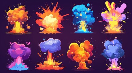 An explosion of cartoons. Atomic explosions on a crash site, explosions in games, explosions in software, exploding cloud effects, comic detonations and atomic explosions in comic books. Modern set.