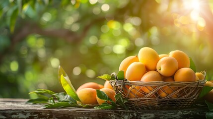 Wall Mural - A basket of fresh mangoes on the table, surrounded by lush green trees and sunlight filtering through leaves.
