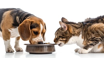 Cute dog and cat eating together from one bowl. Animal friendship and bond. Perfect for pet care. White background pet photo. AI