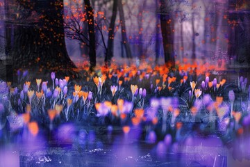 Poster - Artistic rendition of a twilight forest scene sprinkled with colorful crocus flowers