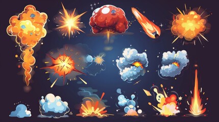 Wall Mural - Modern icons of cartoon bomb explosions, smoke and boom blast clouds. Morse code explodes or TNT dynamite explodes with fire burn, firework flickers, or explosions with pop puff and bursts of