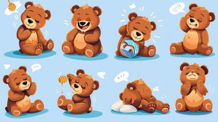 Wall Mural - Grizzly bear character. Teddy bear. Happy creature sleeping or dancing. Wild forest mammal eating honey. Happy bear character plushie. Cartoon grizzly activities set.