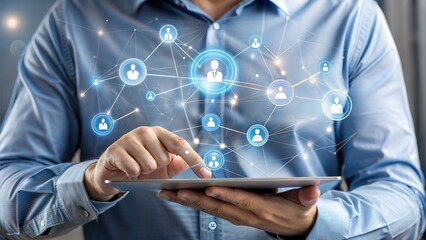 Canvas Print - businessman using tablet with icons and hologram 3d