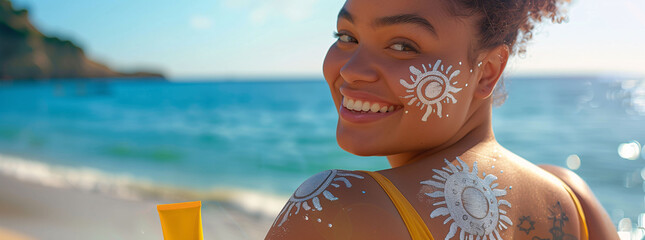 A beautiful woman with her back turned, holding a sunscreen mockup bottle, walking along the beach in the sun. Concept of sunscreen protection and skin care in summer.