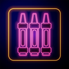 Canvas Print - Glowing neon Wax crayons for drawing icon isolated on black background. Vector