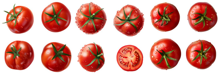 Sticker - 4 tomato varieties isolated over a transparent background, organic natural vegetable design elements, top view / flat lay