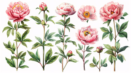 Wall Mural - Pastel watercolor illustrations of floral elements, including pink peonies and green leaves, isolated on white background