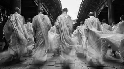 monks in solemn procession to sacred ceremony spiritual tradition captured in black and white photography