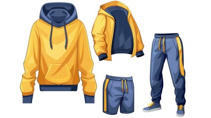 An isolated cartoon modern of a yellow blue hooded sweatshirt and sweatpants