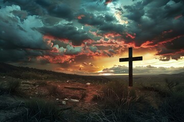 Poster - Captivating landscape of a solitary cross silhouetted against a vibrant sunset sky with dramatic clouds