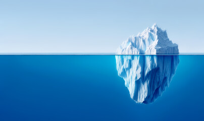 an iceberg visible above and below water on a clear blue background, illustrating the concept of hid