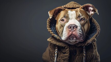 This is a portrait photo of an American bully wearing human clothing with a solid color background. The photo was generated by artificial intelligence.