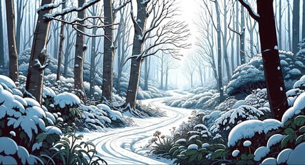 Wall Mural - serene winter forest path with snow-covered foliage and bare trees - ai generated digital art