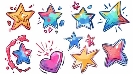 A set of doodle heart, emphasis, star, sparkle decoration elements. Simple sketch line style emphasis, glitter, pattern elements. Modern illustration.