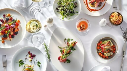 Elegant dining table setup with gourmet dishes, salads, and drinks. Top-down view of upscale restaurant meal with sophisticated plating.