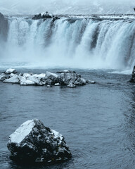 View of the majestic Godafoss Waterfall in winter. Iceland