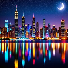Canvas Print - AI generated illustration of a skyline at night with a glowing moon in the sky