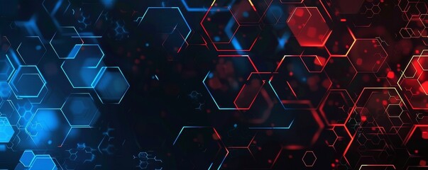 An abstract modern illustration features red and blue light hexagon lines on a black luxury futuristic background creating a striking visual effect.