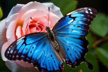 Poster - AI generated illustration of a blue and black butterfly on a flower