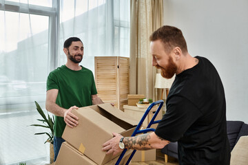 Wall Mural - A gay couple in love unpacking boxes in their new home, symbolizing relocation and new beginnings.