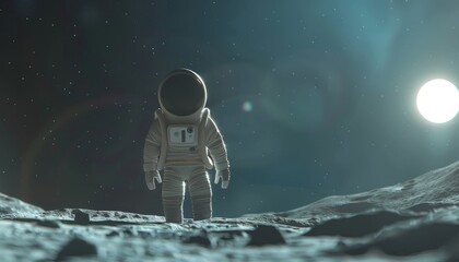 a whimsical cartoon astronaut stands confidently on the moon gazing out into the vast expanse of inf