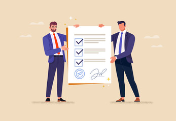 Wall Mural - business agreement concept. vector illustration in flat style of two businessmen in suits holding a 
