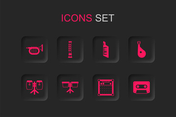 Sticker - Set Bongo drum, Flute, Trumpet, Guitar amplifier, Bandura, Retro audio cassette tape, Keytar and Conga drums icon. Vector