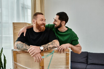 Wall Mural - A gay couple in love, seated side by side, immersed in conversation amidst their new home