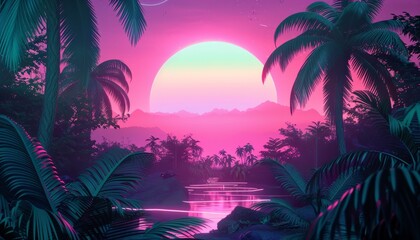 This background illustration is inspired by the synthwave retrowave and 80s scene featuring vibrant neon colors and futuristic elements. Generated with AI.