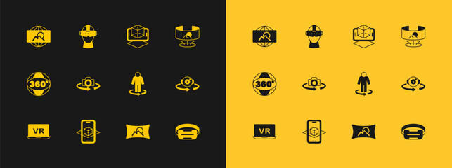 Sticker - Set 360 degree view, 3d modeling, Wide angle picture, and Virtual reality glasses icon. Vector